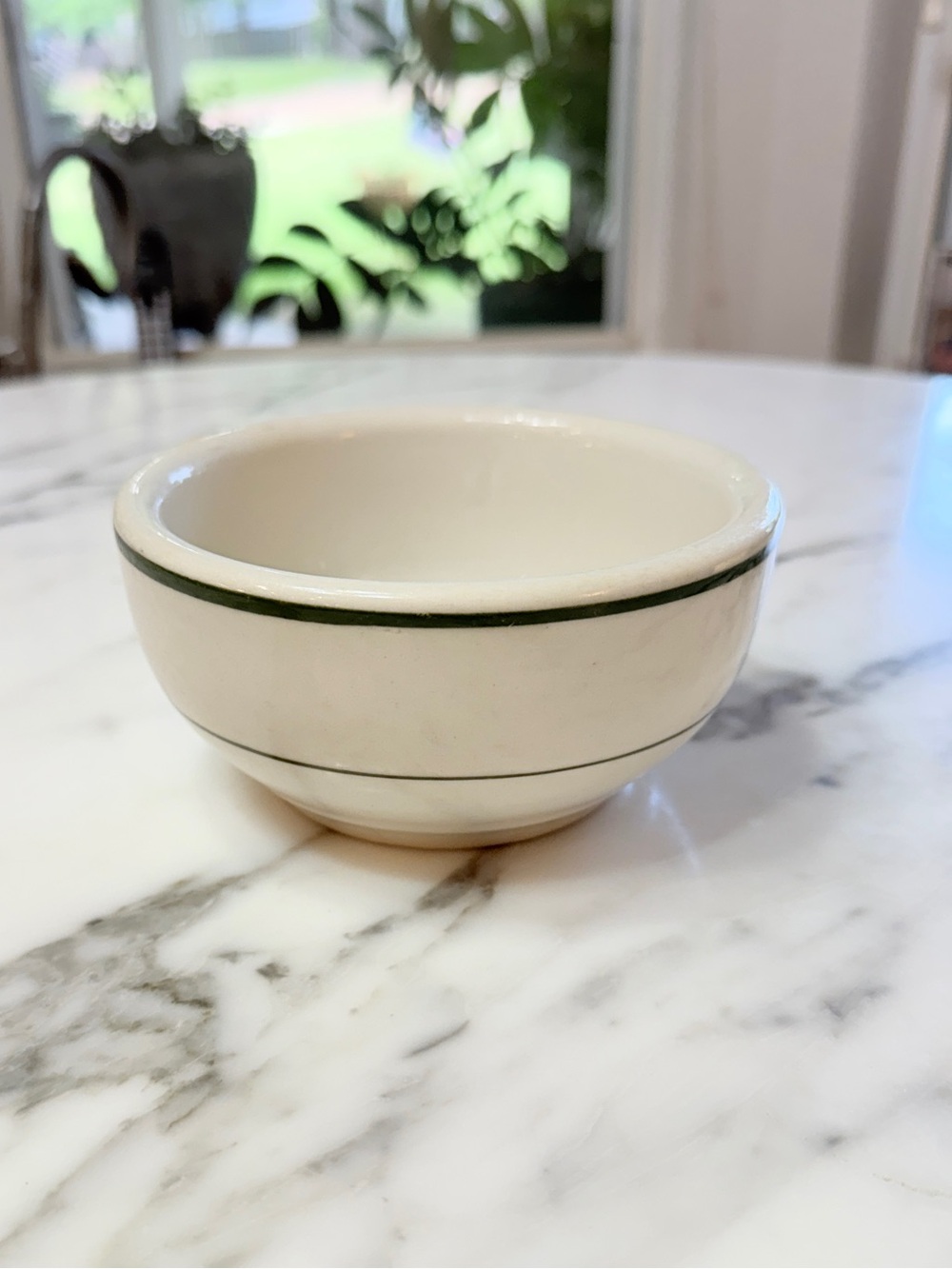 Vintage Thick Chunky White Restaurant Stoneware Bowl with Green Rim - Picture 14 of 16